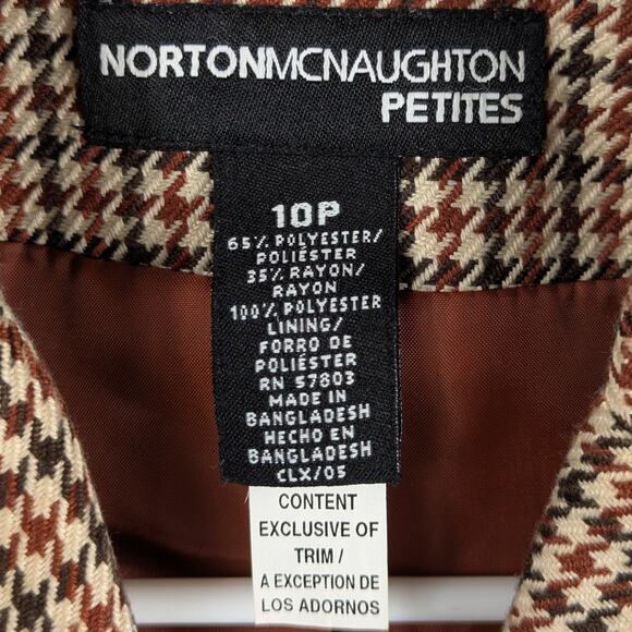 Norton McNaughton Petites 10P Brown Houndstooth Blazer Womens Fringe Trim Jacket - Picture 2 of 4
